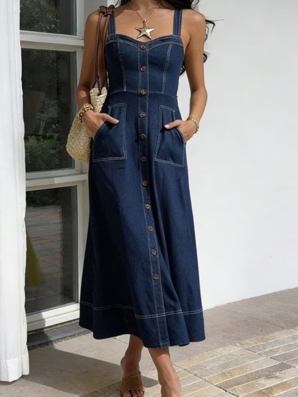 Denim Button-Front Midi Dress - Dark Blue